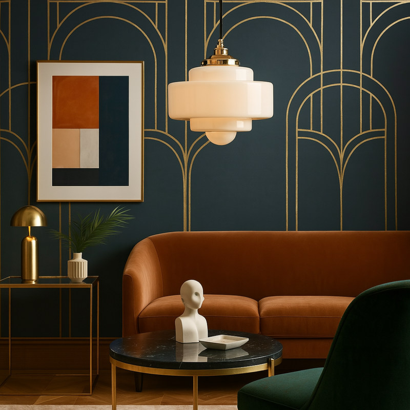 Introduce timeless elegance to your interiors with this Art Deco opal glass pendant light, designed to blend vintage glamour with modern functionality. Featuring a layered, geometric silhouette with a smooth opal glass finish and polished brass accents, this statement ceiling fixture embodies classic 1920s design while providing warm, diffused illumination.
Ideal for living rooms, dining spaces, or hallways, this Art Deco-inspired hanging light adds sophistication and character to both period properties an