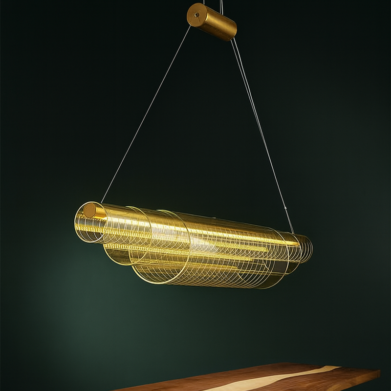 Modern pendant light hanging above a wooden table with a dark background