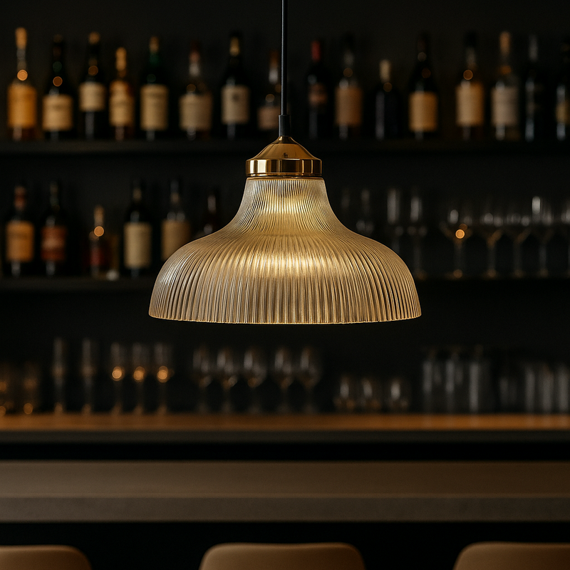 Pendant light hanging above a bar with wine bottles in the background
