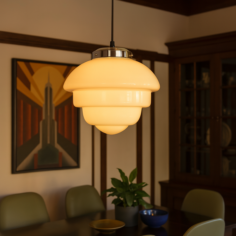 Celebrating the classic Art Deco design of the 1930's this stunning 'acorn' pendant features shiny milky white glass of the period.