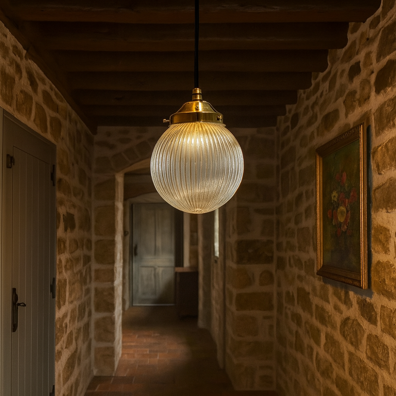 Globe Prismatic Pendant fittings are excellent for hallways, stairs and landings. We offer three sizes making them suitable for all areas from the smallest lobby to the grandest hall. This is the smallest of the Prismatic Globe Pendants that we offer and it is supplied with a  choice of cable and finishes that include Brass, Chrome, Old English and gun Metal.
The Bradford Street 210mm Holophane Globe Pendant Light is manufactured by us, in Birmingham, this style of glass is also known as railway glass