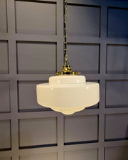 ArtDeco Opal School light with matching suspension chain, Brass, Gunmetal, and Old English Finishes Available.