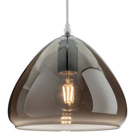 Pendant light with smoked glass shade on a white background