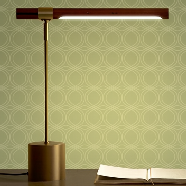 Desk lamp on a desk with an open book against a patterned wall.