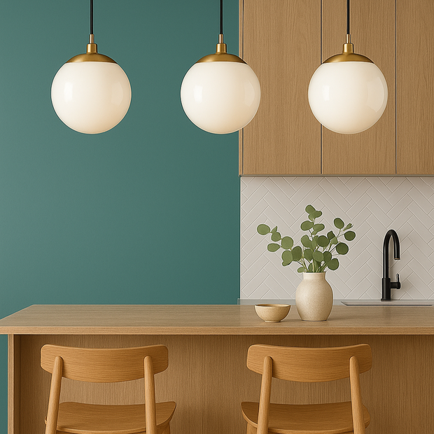 Modern kitchen with wooden counter, stools, and pendant lights against a green wall.