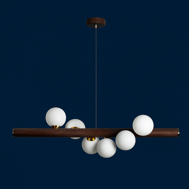 Modern chandelier with white spherical lights and a dark brown wooden arm on a blue background
