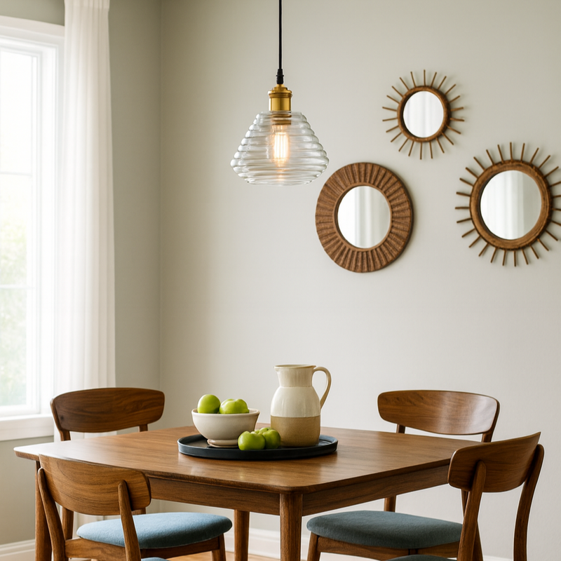 Dining room with wooden table and chairs, mirrors on the wall, and a pendant light.
