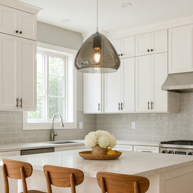Modern kitchen with white cabinets, a island, and wooden chairs.