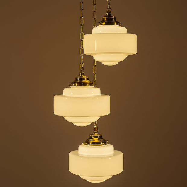 ArtDeco Opal School light with matching suspension chain, Brass, Gunmetal, and Old English Finishes Available.
