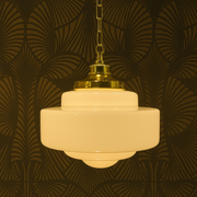 ArtDeco Opal School light with matching suspension chain, Brass, Gunmetal, and Old English Finishes Available.