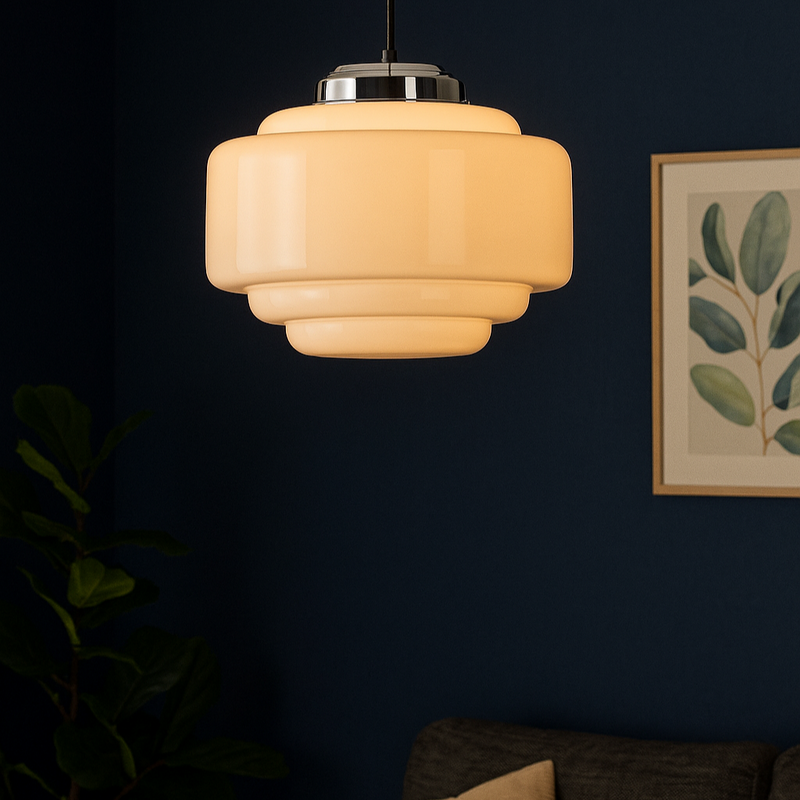 Pendant light fixture in a room with a dark wall and plant