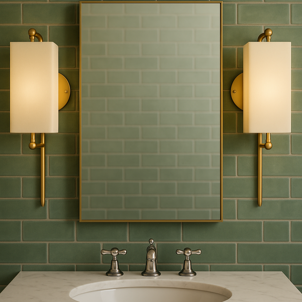 Bathroom vanity with mirror, sink, and wall lights against a green tiled wall.