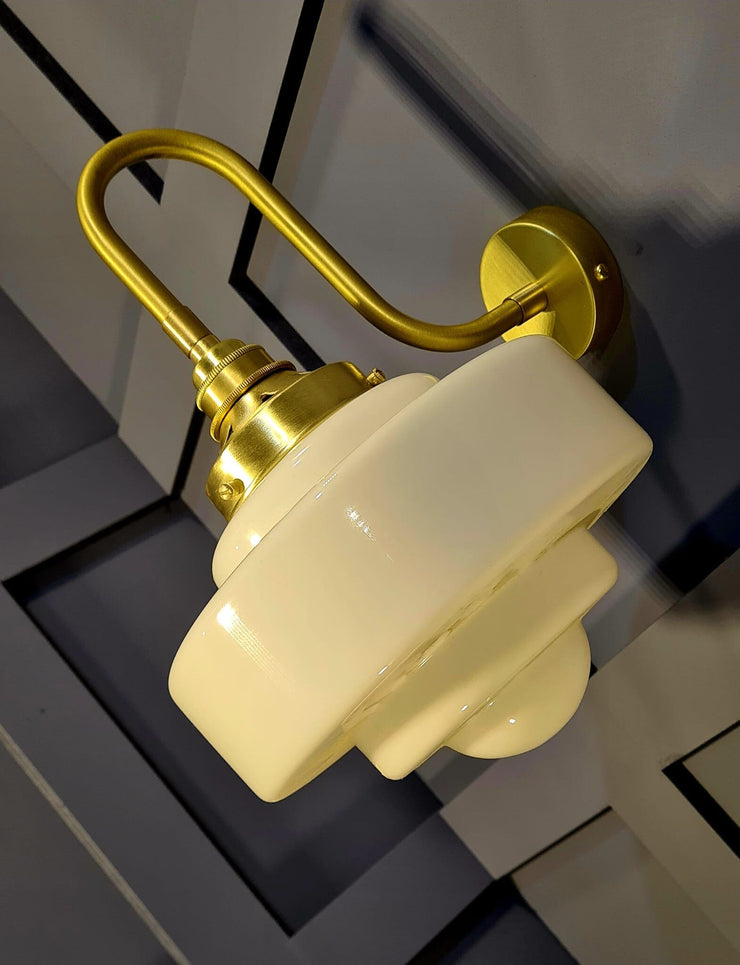 Artdeco white school shade wall lights, Available Hard or Soft Wired, Brass, Chrome, Gunmetal Finished available 220mm Glass Shade